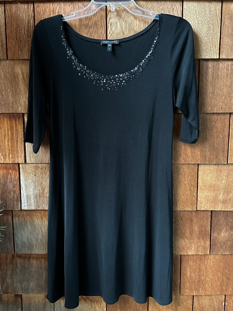 Euc Eileen Fisher Black Silk Sequin Neckline Stretch Knit A-Line Dress - Medium